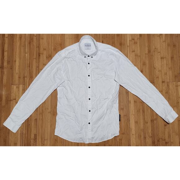 YOUNGLA Shirt Men's Large White Long Sleeve Button Down Casual Preppy Logo Work - Picture 2 of 8